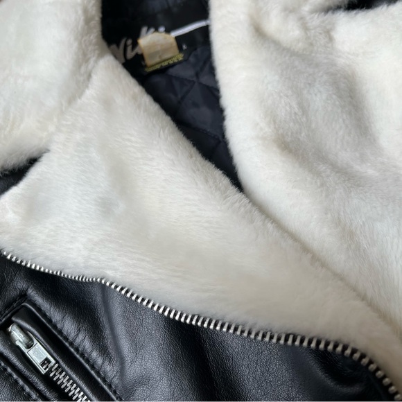 Vintage Nikki black leather motorcycle jacket white plush fur trim collar EUC M - Picture 14 of 16